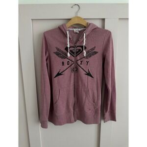 Roxy Womens Full Zip Hoodie Mauve Pink Graphic‎ Arrow Logo Sweatshirt Size L